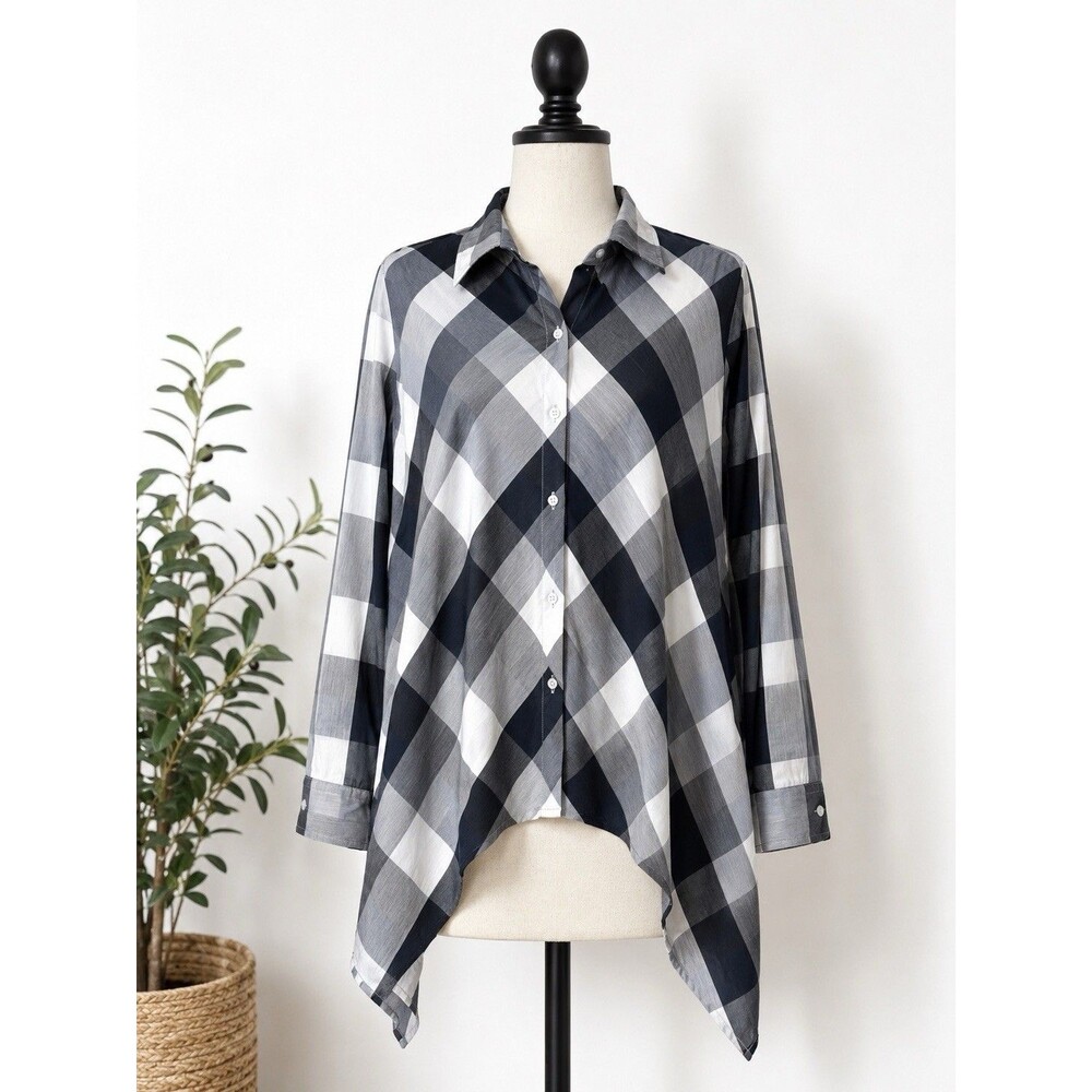 Comfy USA Plaid Tunic Top Gray Navy White Shirt Handkerchief Hem Made USA Size